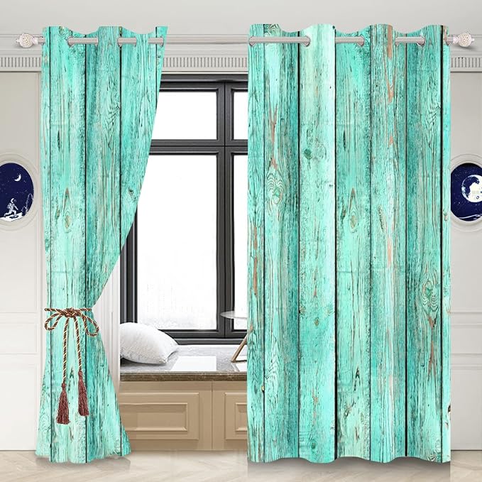 Mint Green Window Curtains Vintage Rustic Wood Plank Old Barn Door Garage Door Vertical Striped Wood Farmhouse Rural Farm Style Living Room Bedroom Drapes Treatment,53x72 inch,2 Panels