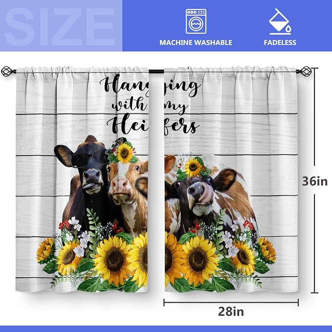 Sunflower Cow Print Kitchen Curtains - Floral Farmhouse Short Cafe Flowers Country Vintage Decor Tier Curtains Over Sink for Dining Room Rod Pocket Window Drapes 36 Inch Length 2 Panel Set, 28"x36"