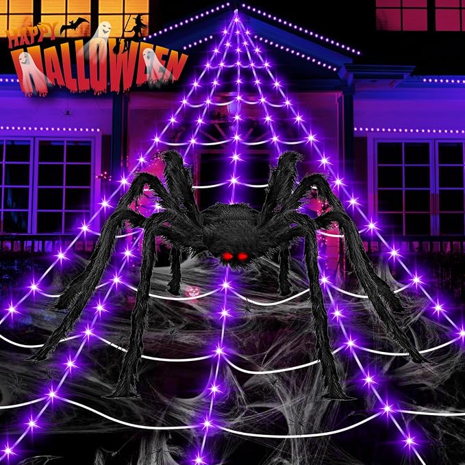 Halloween Decorations Outdoor, 200 LED Halloween Giant Spider Web Lights, 16.4Ft Lighted Spider Web Light up for Yard Haunted House Decor
