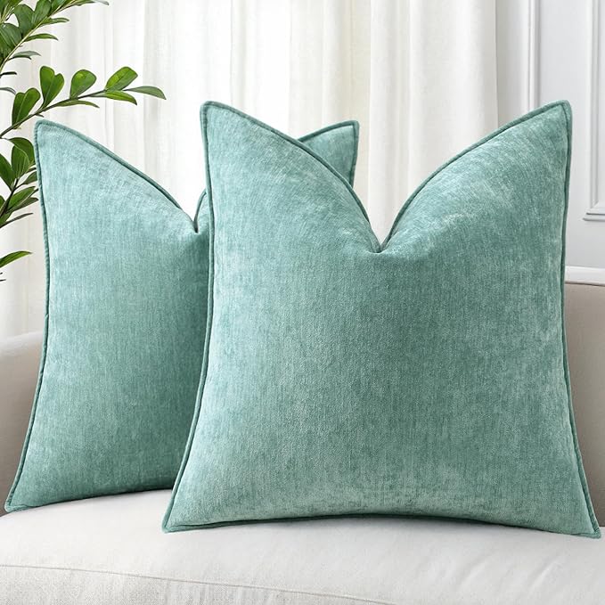 decorUhome Fall Couch Throw Pillow Covers 20x20 Set of 2, Decorative Soft Velvet Modern Cozy Chenille Pillow Cases with Elegant Design for Sofa Bed Living Room Home Decor, Aqua Haze