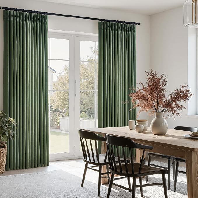 Olive Green Thick Semi Sheer Curtains 96 Inches Long,Linen Textured Boho Natural Bedroom Living Room Home Decor,Cotton Linen Blended Light Filtering Pinch Pleated Window Curtain 8ft Panels Set of 2