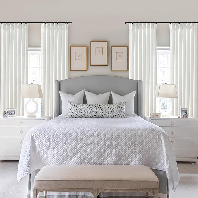 Extra Long Pinch Pleat Snow White Semi Sheer Curtains 108 Inches Long for Living Room, Luxury Linen Blend Viral Drape Light Filtering Privacy Floor to Ceiling Dining Room Curtain Back Tab Panels 2 Set
