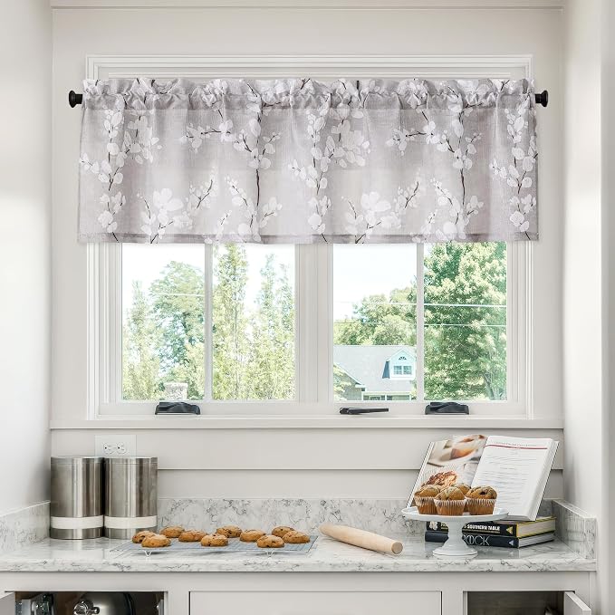 FMFUNCTEX Valance Curtains for Kitchen Window Living Room 15" White Blossom Print Short Valance for Bathroom Floral Window Treatment Set 54”W Tan Rod Pocket 1 Panel