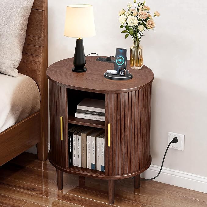 DHH Mid Century Modern Nightstand Set of 2 with Charging Station, Fluted Accent Side Table with Sliding Door & Adjustable Shelf, End Table for Small Space, Living Room, Bedroom,Sofa Couch(2, Walnut)
