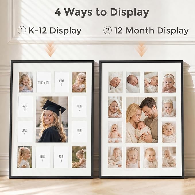 12x16 School Picture Frame K-12, Collage Frame for School Years, Black | Sleek Black K-12 Frame with 13 Openings: One 5x7 & Twelve 2.5x3.5 for Pre-K to 12th Grade | Wall Kit Included