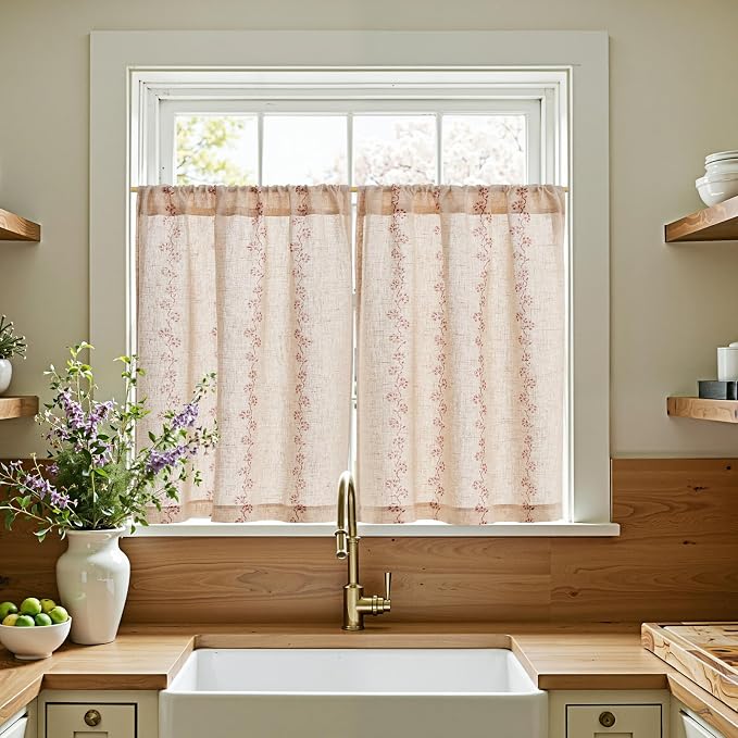 jinchan Katy Linen Floral Kitchen Curtains 36 Inches Length Stripe Cafe Curtains Farmhouse Cottagecore Tier Small Window Drapes for Living Room Light Filtering Rod Pocket 2 Panels Terracotta on Linen