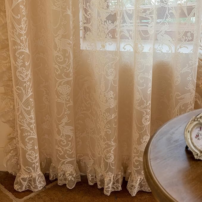 TUDECO Beige Sheer Curtains 54 Inch Length - Romantic Floral Short Lace Curtains for Kitchen Bathroom Laundry, Rod Pocket Privacy RV Curtain Panels with Ruffle Edges, 1 Pair, 59W x 54 Inch