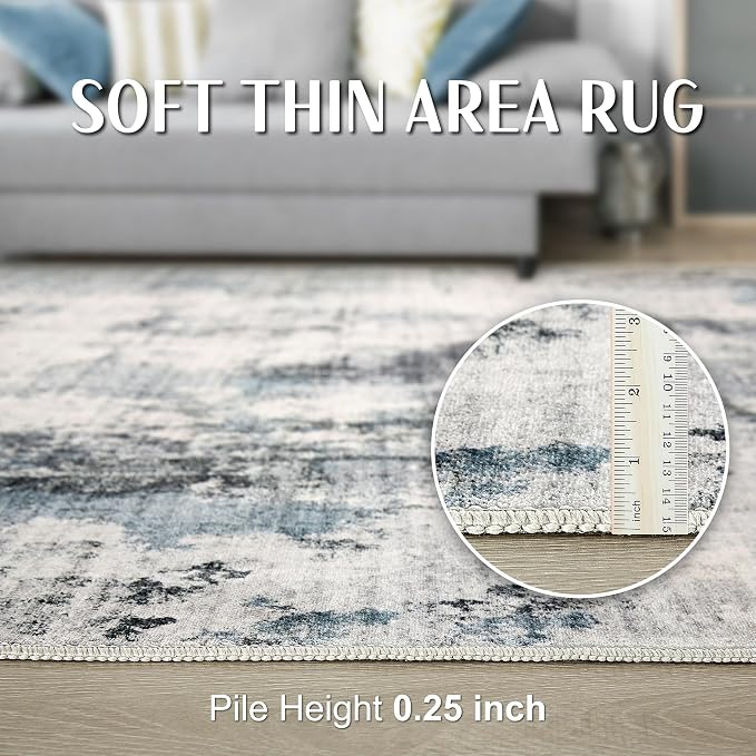 Abstract 12x14 Area Rug: Machine Washable Non Slip Ultra Thin Low-Pile Carpet, Soft Stain Resistant for Living Room Bedroom Office, Kid Pet Friendly, Robot Vacuum Compatible - Grey Blue