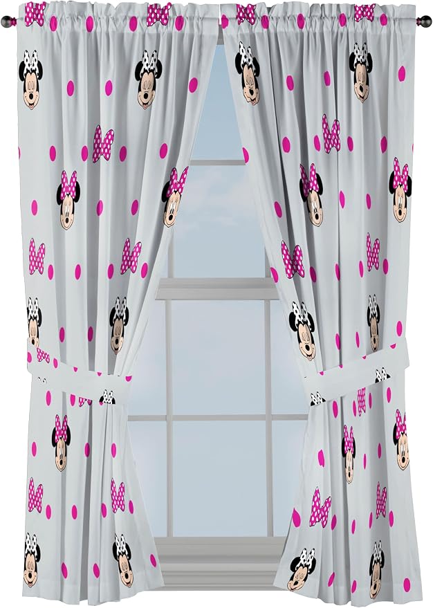 Jay Franco Window Curtains for Kids Bedroom 4-Piece Drape Set with 2 Tiebacks, Grey - Minnie Mouse, 42" W x 63" L (Pack of 2)