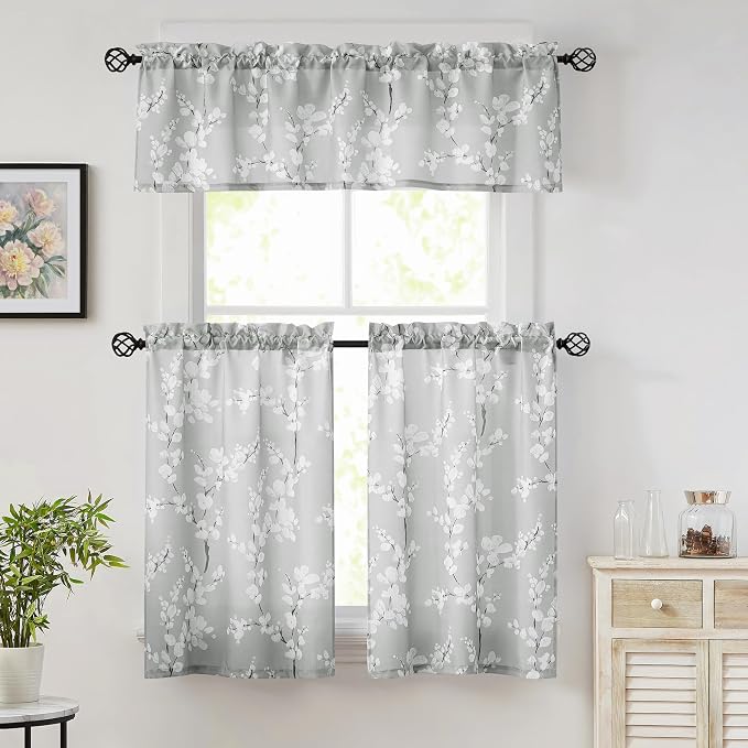 FMFUNCTEX Gray-White Kitchen Valance Curtain 15-inches Length Blossom Print Canvas Window Curtain Valance for Cafe Floral Botanical Pattern Window Top Curtain Rod Pocket 1 Pack
