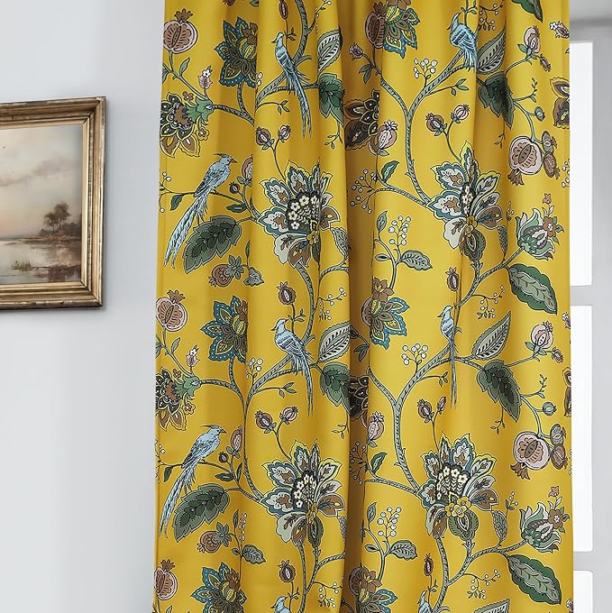 Mustard Yellow Retro Floral Curtains, Fun Colorful Spring Drapes for Living Room, Back Tab Rod Pocket Blackout Pretty Boho Botanical Blue Bird Patterned Window Panels for Bedroom Sunroom, 84 Inch Long