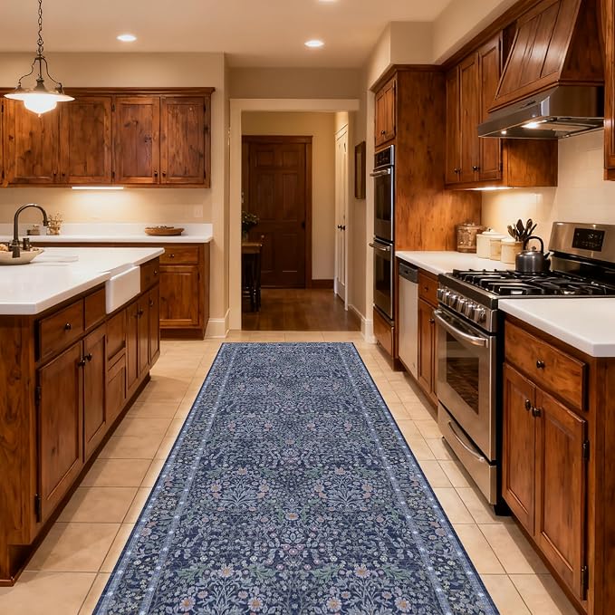 Washable 2' x 6' Runners for Hallways, Non Slip Long Floor Runner for Kitchen, Entryway Indoor, Stain Resistant Rubber Backing Floral Decor Rug (Blue)
