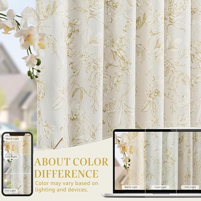 jinchan Floral Curtains 108 Inch Length Mustard Yellow Flower Linen Farmhouse Curtain for Living Room French Country Vintage Curtain Rod Pocket Curtains Set 2 Panels Floral Printed