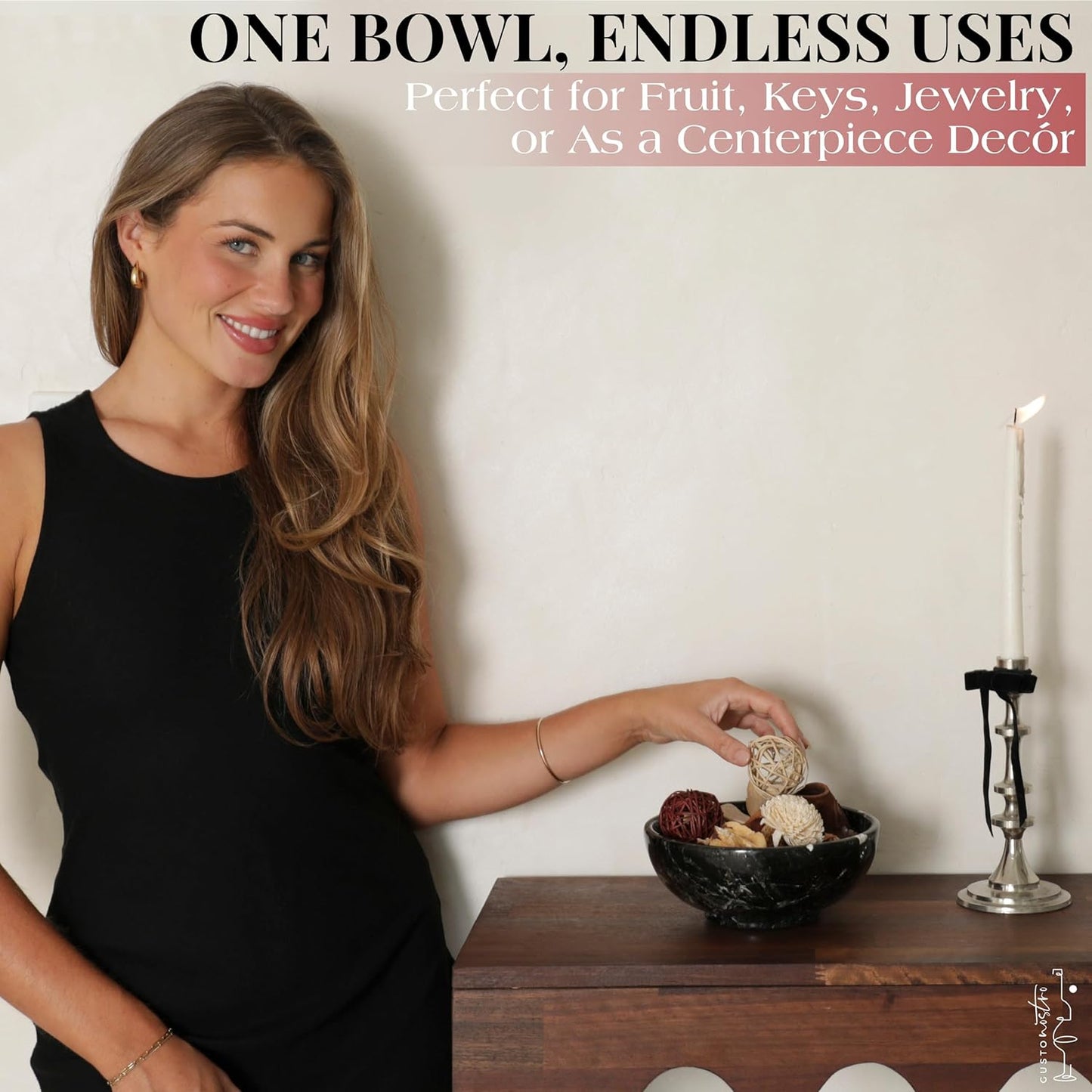 Gusto Nostro 8" Luxury Black Marble Decorative Bowl for Coffee Table - Elegant Modern Fruit Bowl for Kitchen Counter - Heavy Stone Entryway Catch all for Keys, Jewelry, Potpourri Holder Centerpiece