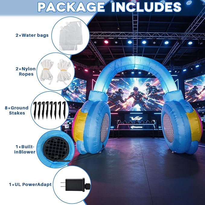 10FT Inflatable Headphones Archway LED Lights 80s 90s Party Decoration | Giant Blow Up Inflatable Arch, Perfect for Hip Hop Disco Retro Birthday Music Party. Easy Auto-Inflate & Reusable