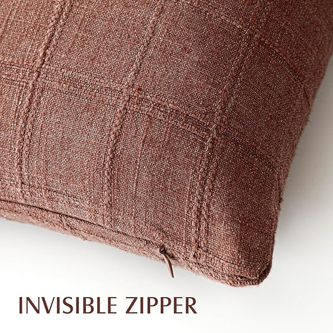 Foindtower Set of 2 Decorative Linen Check Throw Pillow Covers Neutral Farmhouse Lumbar Cushion Covers Modern Boho Home Decor for Sofa Chair Couch Bedroom Living Room,12×24 Inch,Autumnal Red
