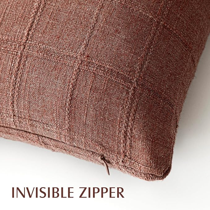 Foindtower Set of 2 Decorative Linen Check Throw Pillow Covers Neutral Farmhouse Vintage Cushion Covers Modern Boho Home Decor for Sofa Chair Couch Bedroom Living Room,20×20 Inch,Autumnal Red