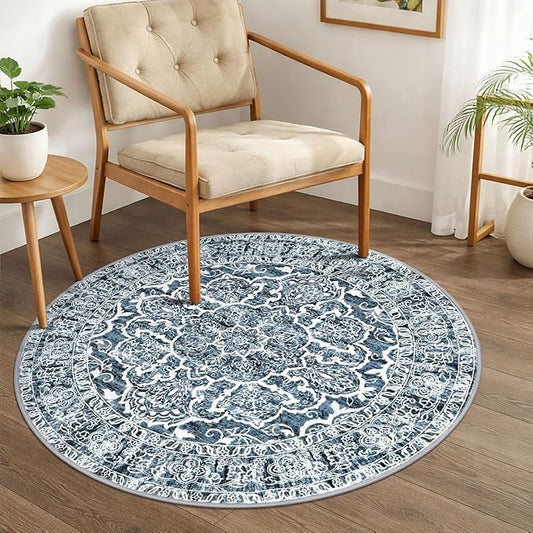 KUTA Vintage Round Rug 3ft, Washable Boho Indoor Circle Small Area Rugs, Blue White Non-Slip Printed Medallion Carpet for Entryway Kitchen Dining Room Table Living Room