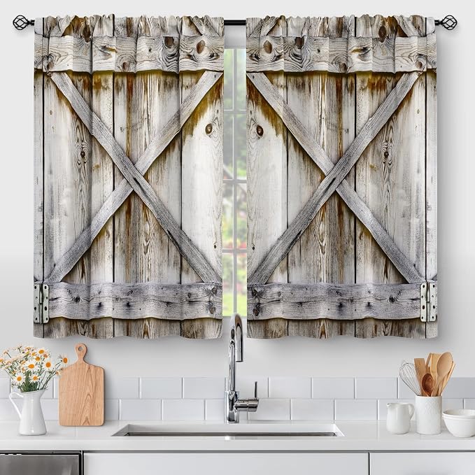 Aimego Farmhouse Country Wood Kitchen Curtains - Wooden Barn Door Vintage Short Tier Curtains Over Sink Natural Rustic Farm Decor Rod Pocket Window Drapes 24 Inch Length 2 Panel Set, 28"x24"