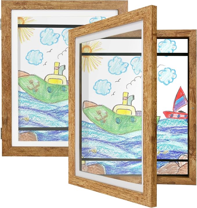 iRahmen Kids Art Frames 9x12 Set of 2 - Front Opening Childrens Picture Frame Changeable, Wood Artwork Display Storage for Wall Mount, Magnetic Door Holds 50 Art Pieces for Drawings, 3D Picture, Crafts, Portfolio, Brown
