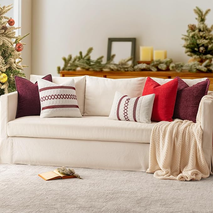 MIULEE Pack of 2 Pillow Covers 18x18 Inch Burgundy Red Farmhouse Decorative Throw Pillow Covers with Stitched Edge Soft Chenille Solid Dyed Couch Pillow Covers for Sofa Bed Living Room