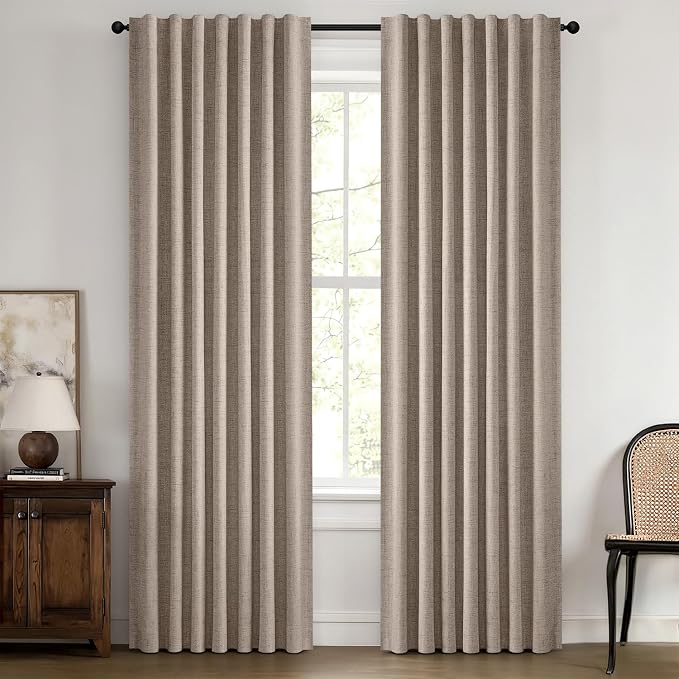 MIULEE 100% Blackout Linen Curtains for Bedroom, Solid Luxury Decor Thermal Insulation Room Darkening Drapes for Living Room Back Tab Rod Pocket 42 x 63 Inches, 2 Panels, Linen