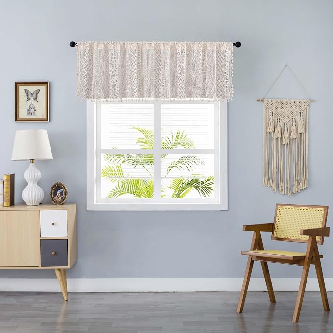 Sutuo Home Beige Boho Lace Short Curtain for Kitchen Window Curtains Over Sink,Vintage Chic Valance Crochet Bohemian Semi Sheer Farmhouse Rustic Handmade Tassels,Rod Pocket,1 Panel 59" W x 18" L