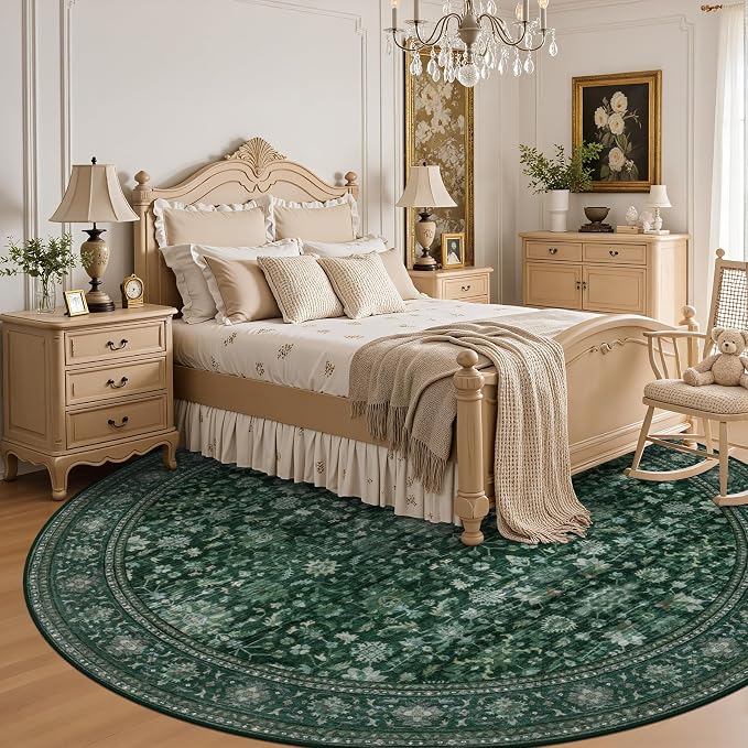 Round Area Rug for Living Room: 6ft Washable Vintage Boho Soft Thin Circle Rug Indoor Floor No Slip Stain Resistant Carpet for Bedroom Dining Room Farmhouse Nursery Home Office - Deep Green