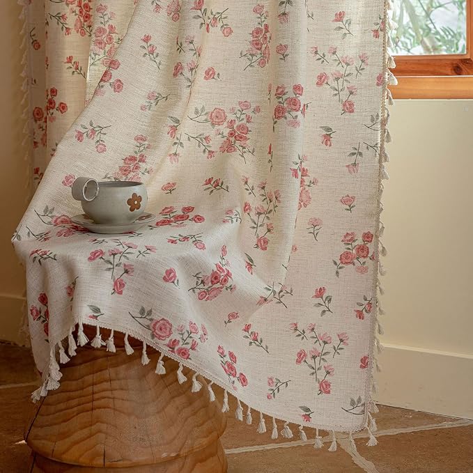 OYX Pink Boho Floral Curtains 84 Inch Long 2 panels, French Vintage Farmhouse Patterned Decor Window Drapes With Tassels, Girls Semi-Sheer Light Filtering For Bedroom Living Room (Rod Pocket, 52Wx84L)