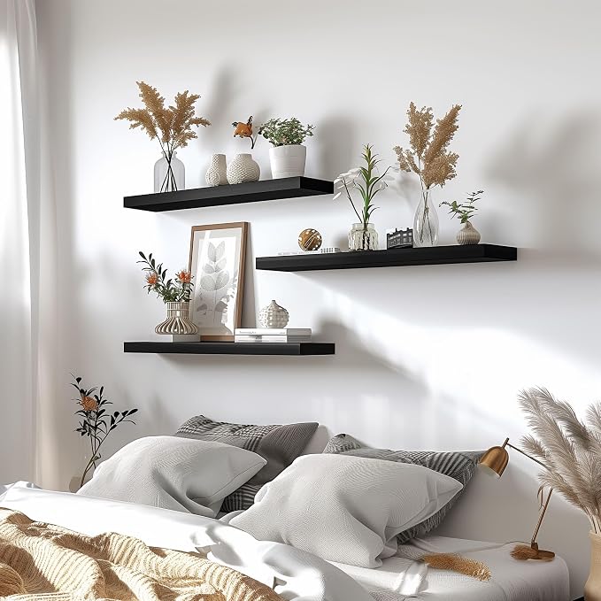 YYWUOJJ Wood Floating Shelves for Wall Decor, Rustic Wall Shelves for Bedroom Bathroom Kitchen Living Room, Set of 4 Black 24 Inch