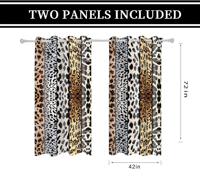 Wild Animal Print Curtain, Room Darkening Thermal Insulated Blackout Leopard Boa Window Drapes with Grommets for Living, Dining, Bedroom, 42"x 72", Set of 2 Panels