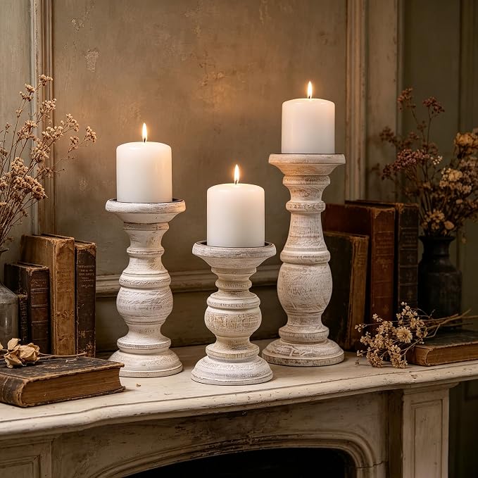 Hosley Set of 3 Whitewashed Wooden Pillar Candle Holders – 10”, 8”, and 6” Heights – Ideal for LED and Pillar Candles, Weddings, Parties, Home Décor, Spa, Reiki, and Aromatherapy