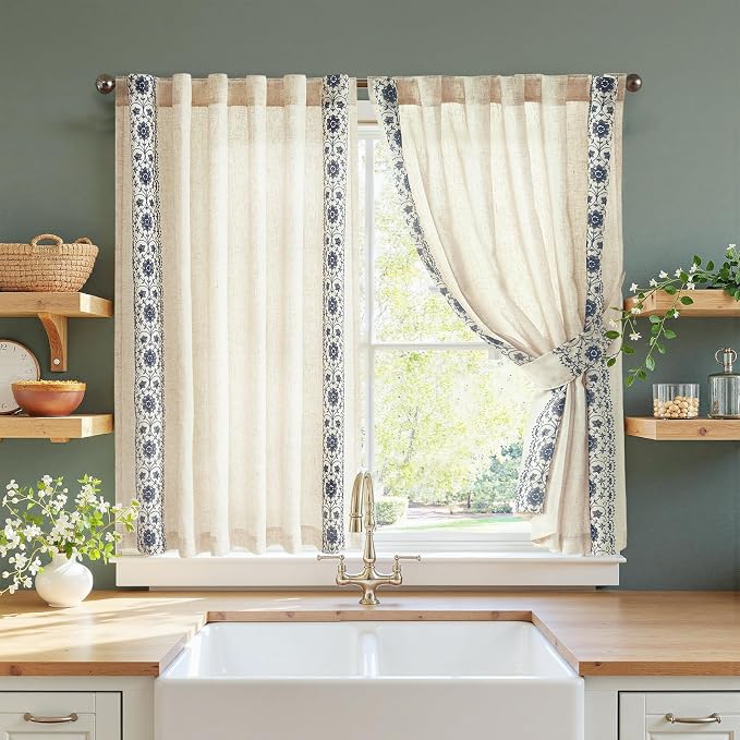 jinchan Blue Floral Embroidered Short Linen Curtains 54×54 Inches 2 Panels | Light filtering, back tab, rod pocket, cafe curtains for kitchen bedroom living room, cottage farmhouse, small window