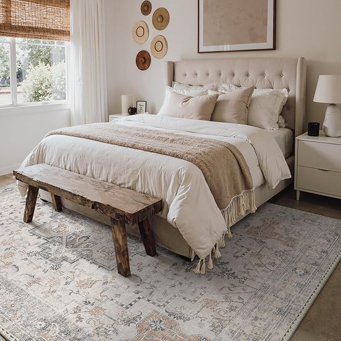 GENIMO 8x10 Area Rugs for Living Room, Machine Washable Non Slip Vintage Area Rugs, Low Pile Lightweight Print Rug for Bedroom, Dining Room, Home Office, Light Taupe Brown