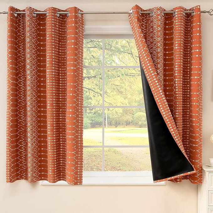 ColorBird 100% Blackout Boho Heat Sun Blocking Curtains & Drapes Bedroom Burnt Orange Patterned Decorative Thermal Curtains 63 Inch for Living Dining Rustic Western Room Decor