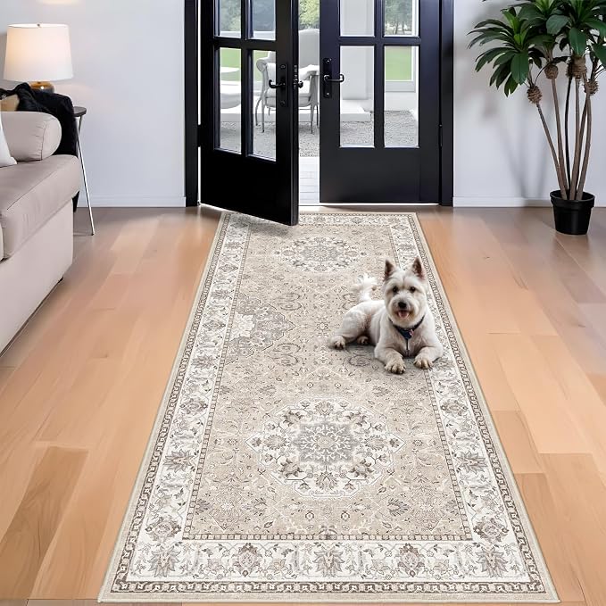 Washable 4x8 Hallway Runner Rug: Vintage 8ft Soft Runners for Entry Kitchen Wide Non Slip Low Pile Carpet for Living Room Bedroom Thin Water Resistant Carpet for Bathroom Dining Room Foyer(Beige,4x8)