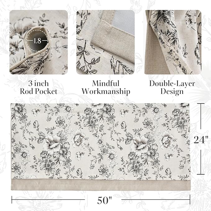 jinchan Linen Kitchen Curtain 24 Inch French Floral Double Layer Curtain Farmhouse Vintage Tier Drape Rustic Half Window Curtain for Living Room Window Treatment Rod Pocket 1 Panel Black on Beige