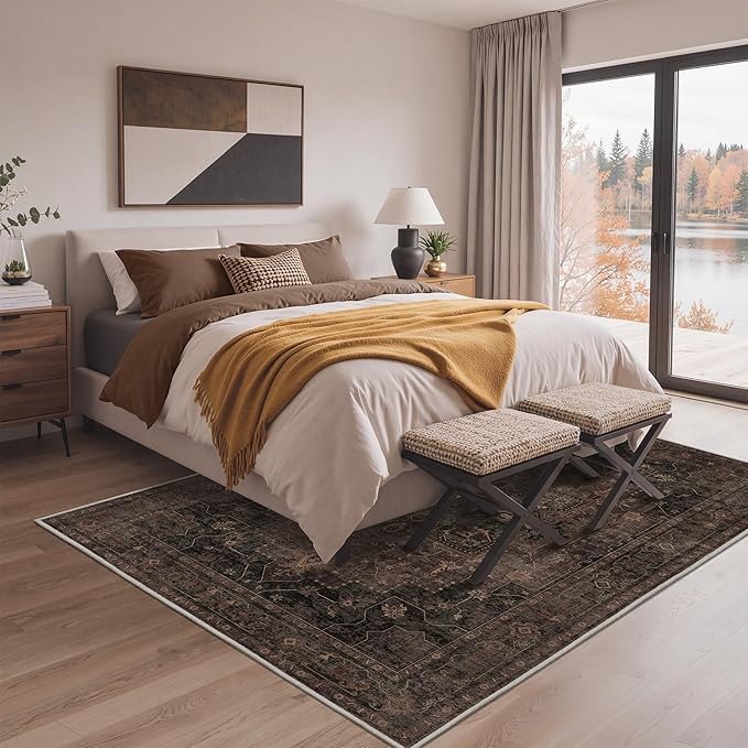 GENIMO 4x6 Area Rugs for Living Room, Machine Washable Rug, Non Slip Indoor Vintage Rug, Low Pile Lightweight Chenille Print Carpet for Bedroom Dining Room Home Office, Charcoal Brown