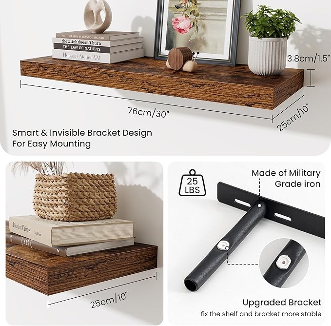 Fun Memories Floating Shelves for Wall, 30 Inch Long Floating Shelves Set of 2, 30 x 10 Wooden Shelves for Wall, Large Storage Shelves, Hanging Shelves for Bathroom Kitchen Bedroom, Rustic Brown