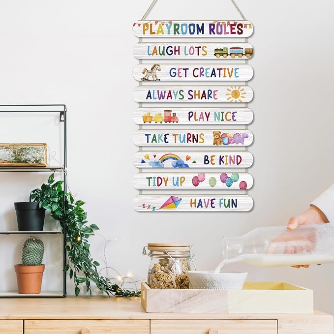 MONALET Playroom Rules Wall Decor for Classroom Nursery Kids Room Bedroom, Be Kind Have Fun Hanging Wooden Signs Door Decorations, Inspirational Positive Affirmations Wall Art Wood Plaque 9Pcs 12x19