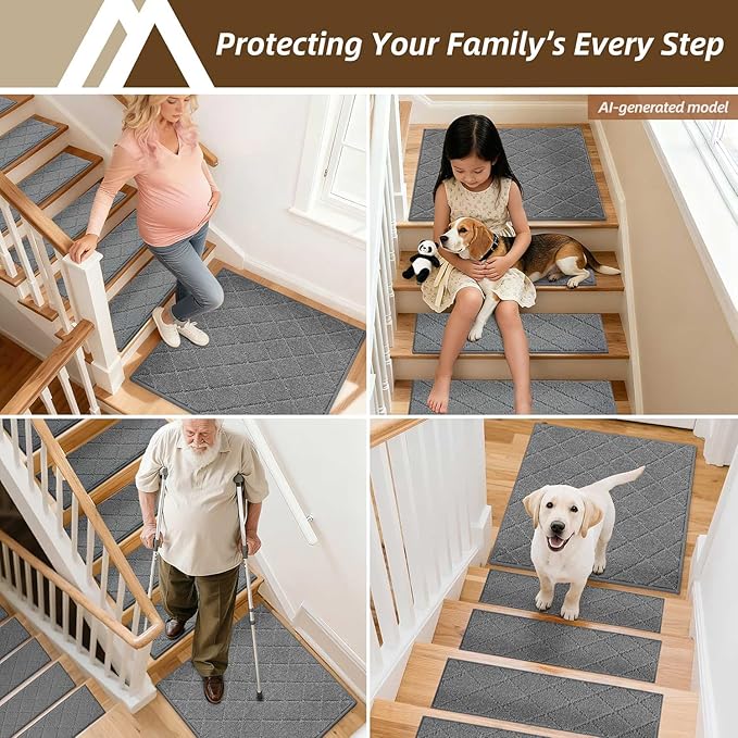 COSY HOMEER Stair Landing Rugs Non-Slip Corner Indoor Edging Stair Treads for Wooden Steps,Washable Soft Stair Landing Mat for Kids,Elder and Dogs,Polyester,TPE Backing,Medium Grey,30x30inch