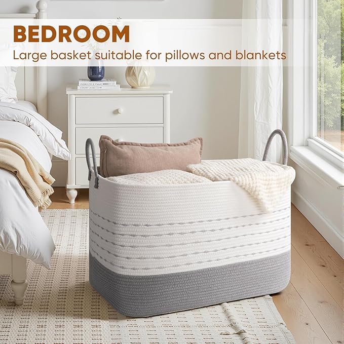 OIASKET XXL Large Blanket Basket for Living Room, 108L Woven Storage Baskets for Organizing, Rectangle Cotton Rope Basket Toy Chest With Handles-Grey & White