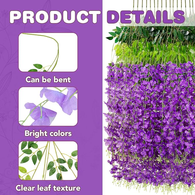 Alotiki Wisteria Hanging Flowers,Fake Hanging Flowers,Wisteria artificiales Garland for Home Wedding Arch Floral Party Garden Ceremony Outdoor Decor,3.6 feet Long(25,Purple)