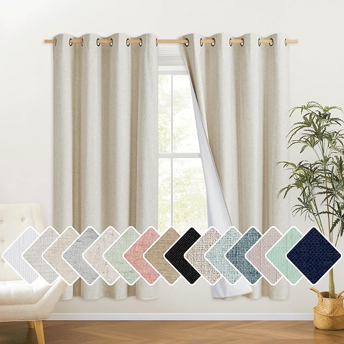 NICETOWN Natural Bedroom Full Blackout Linen Curtain Panels Set of 2, 52" by 72", Cold Reducing Thick Insulated Classic Grommet Blackout Draperies with White Thermal Insulated Liner for Windows