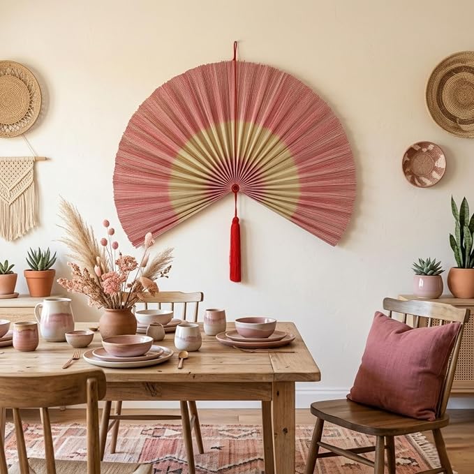 SUCHUBU Bamboo Wall Fan, 40" Pink Handwoven Decor Fan, Large Asian Wall Hanging Aesthetic Fan Art, Boho Chic Bedroom Decor, Natural Bamboo Weaving (Whitepink, Medium)