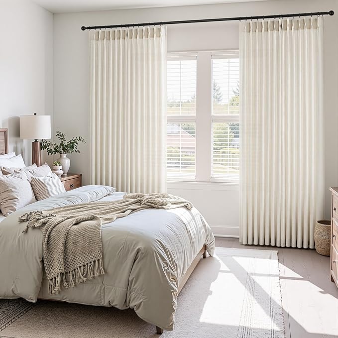 Pinch Pleated 92 Inch Curtains 2 Panels for Living Room Birch Linen Curtains 92 Inches Long Pinch Pleat Drapes for Track System Light Filtering Semi Sheer Curtains for Living Room Bedroom,Cream