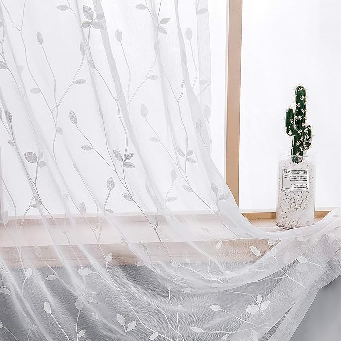 AmHoo 2 Panels Embroidered Leaf Pattern Semi Sheer Curtains Foliage Floral Voile Window Draperies Treatment for Bedroom Living Room Rod Pocket White 53 x 84 Inch