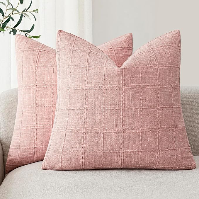 Foindtower Set of 2 Decorative Linen Check Throw Pillow Covers Neutral Farmhouse Vintage Cushion Covers Modern Boho Accent Home Decor for Sofa Chair Couch Bedroom Living Room,24×24 Inch,Light Pink