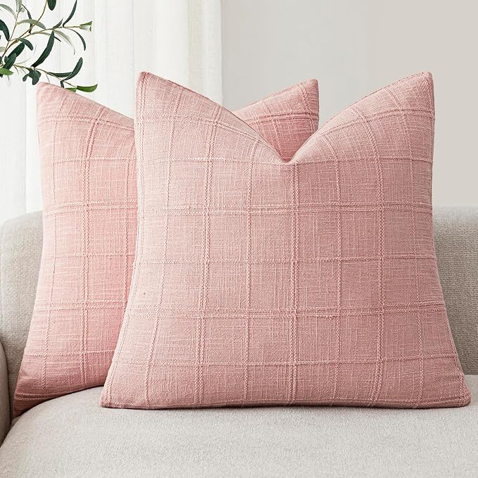 Foindtower Set of 2 Decorative Linen Check Throw Pillow Covers Neutral Farmhouse Vintage Cushion Covers Modern Boho Accent Home Decor for Sofa Chair Couch Bedroom Living Room,16×16 Inch,Light Pink