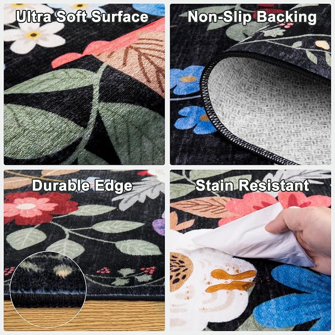 Area Rug Living Room Rugs: Floral 3x5 Washable Rug Vintage Soft Boho Non-Slip Carpet Indoor Floor Stain Resistant Large Carpets for Bedroom Dining Room Farmhouse Nursery Hallway Black